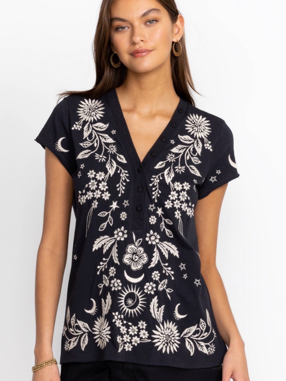 Embroidered Floral & Celestial V-Neck Top - Black & Cream
